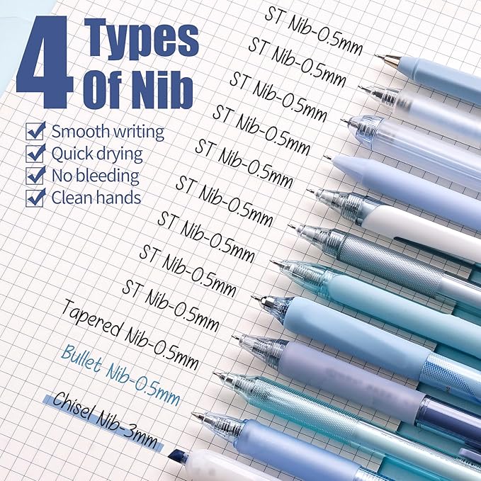 Four Candies 12Pack Pastel Gel Ink Pen Set, 11 Pack Black Ink Pens with 1Pack Highlighter for Writing, Retractable 0.5mm Fine Point Cute Note Taking Pens for School Office (Blue)