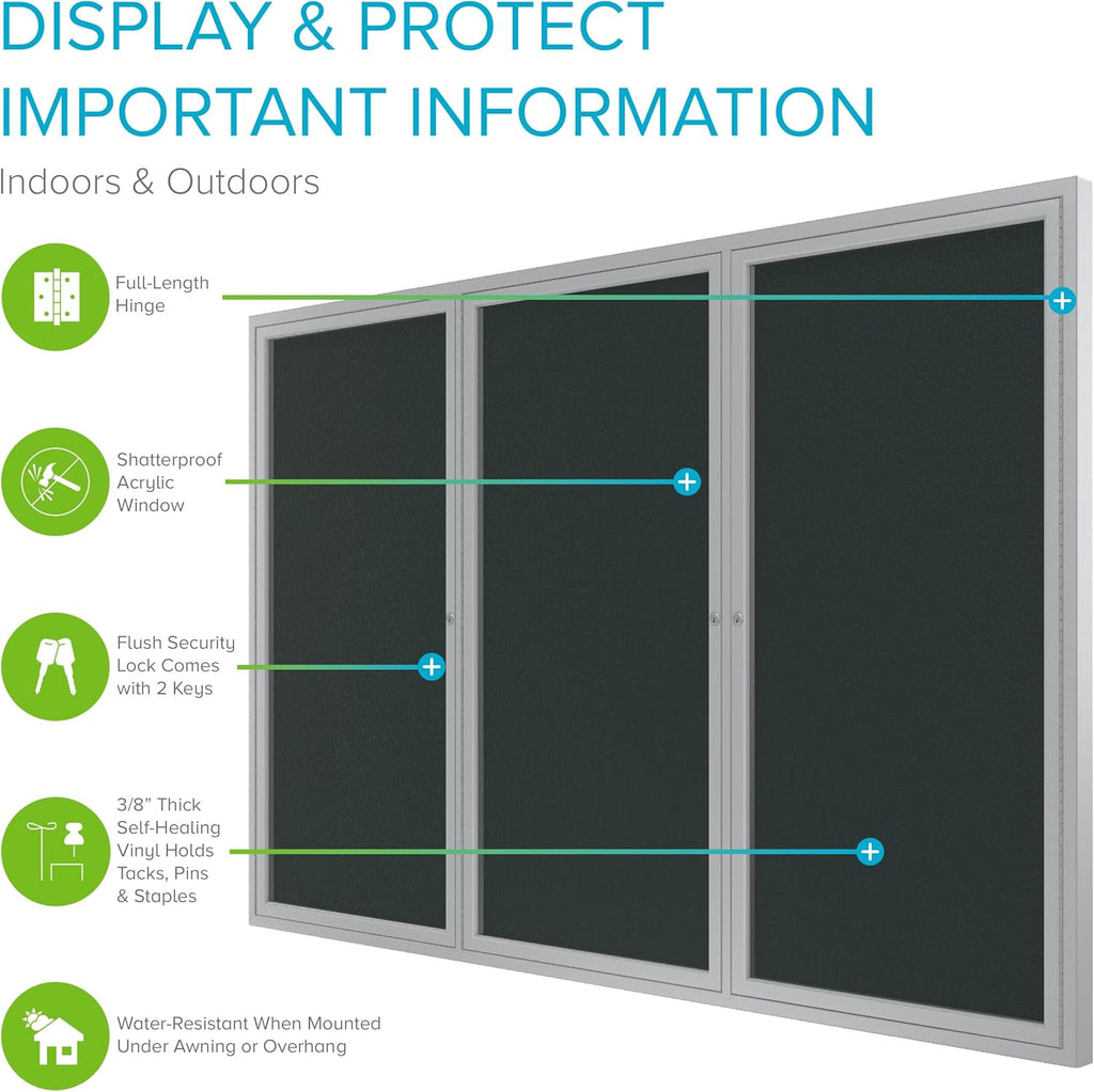 Ghent 48"x96" 3-Door Outdoor Enclosed Vinyl Bulletin Board, Shatter Resistant, with Lock, Satin Aluminum Frame - Ebony (PA34896VX-183), Made in the USA