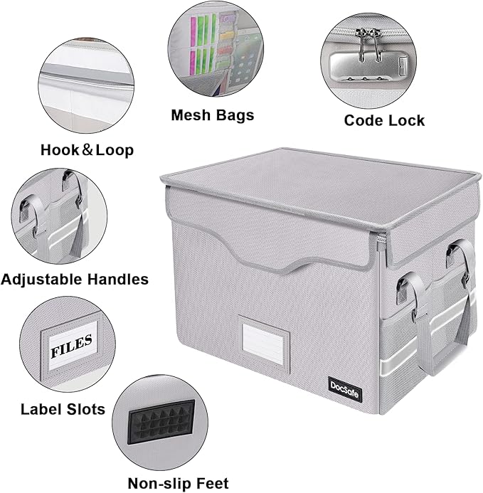 DocSafe File Box Fireproof Document Box with Lock,File Storage Organizer Box with Insert Pockets,Collapsible Portable Filing Box Home Office File Cabinet with Handle for Hanging Folder,Silver,2 Pack
