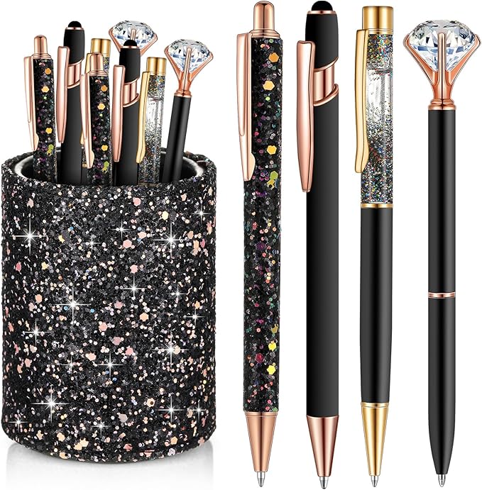 Sabary 8 Pcs Ballpoint Pens with Pen Holder for Desk Metal Crystal Diamond Pen Glitter Pencil Holder Fancy Pens Black Ink Bling Desk Organizer for Women Girls Office School Wedding Gifts (Black)
