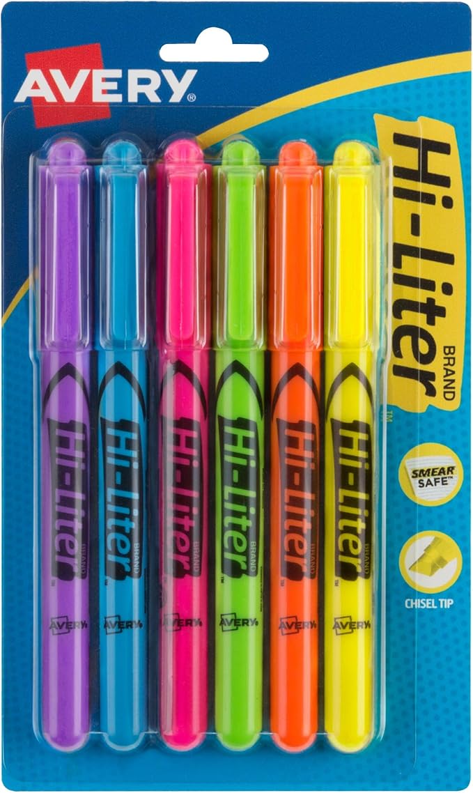 AVERY Hi-Liter Pen-Style Highlighters, Smear Safe Ink, Chisel Tip, 6 Assorted Color Highlighters, 6 Packs (23585)