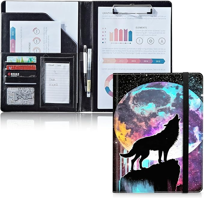 Padfolio Folder with Clipboard,Portfolios Organizer Clipboards with Storage Clipboard Writing Pad PU Leather Conference Document Organizer with Business Card Holder,Moon Wolf