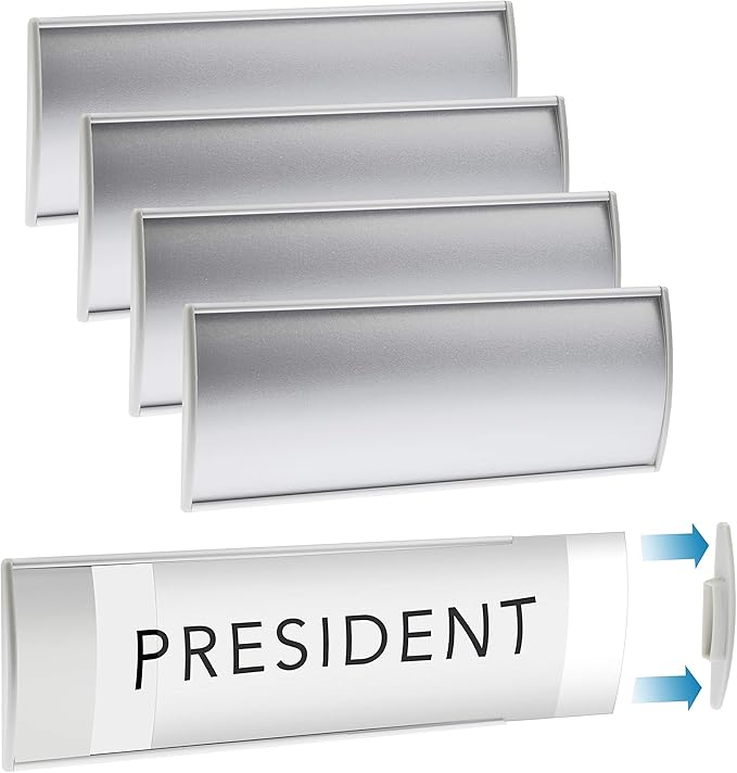 Set of 6 –Sturdy & Elegant Silver Aluminum Wall Mount Name Plate Holder, Office Business Door Curved Sign Holder with Adhesive Tape, 8” X 3” - Plastic Film Included, Paper Inserts NOT Included
