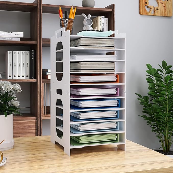 Natwind Office Stackable Paper Organizer for Desk White Desktop File Sorter Desk Organizer Letter Tray Holder Document Storage Rack for Home Office School 10-Tier