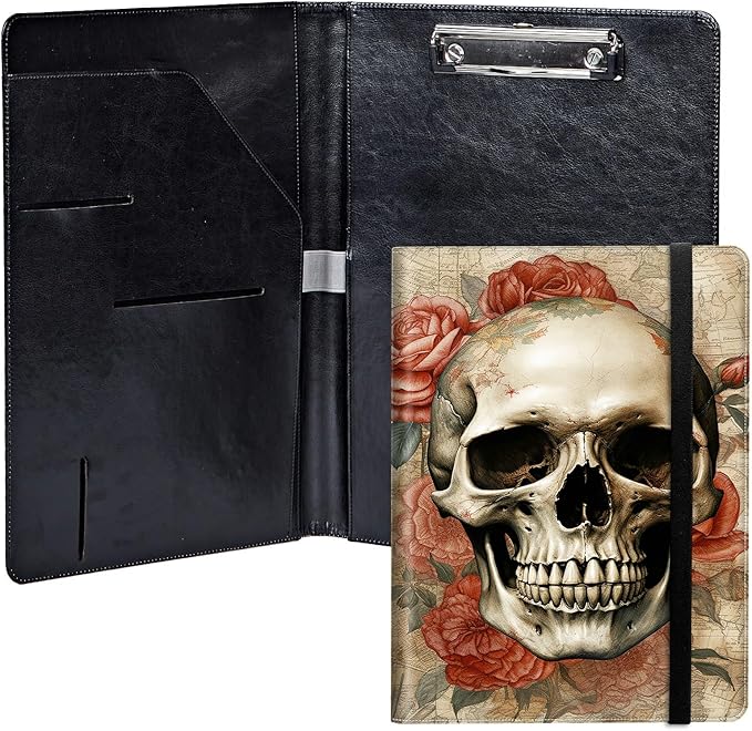 Skull Roses PU Leather Padfolio Clipboard Notepad with Pen Loop and Elastic Strap Interview/Resume Document Organizer for Business School Office