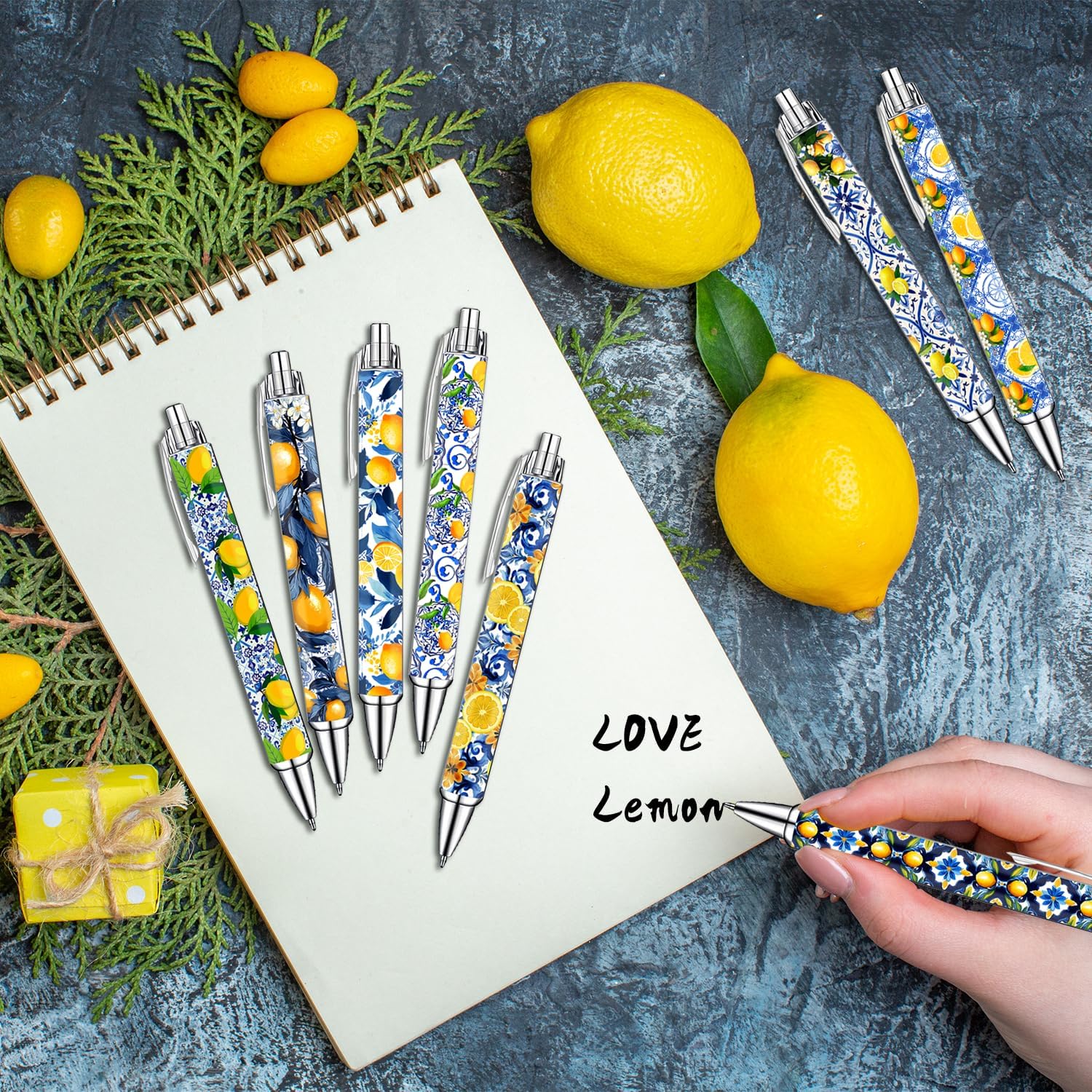 Capri Lemon Pens Set – Mediterranean-Inspired Ballpoint Pens for Girls, Students, and Stationery Lovers – Smooth Writing Pens for School, Journaling, or Gifts – Bright and Elegant Design, 8 Pack