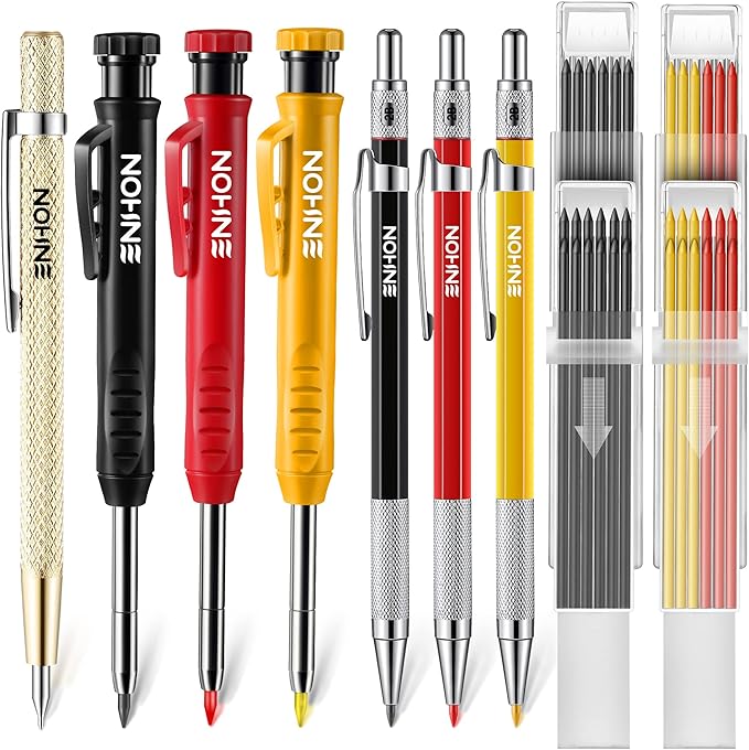 Enhon 6PCS Carpenters Pencils Mechanical Pencil Set with 24 Refills and Carbide Scriber Tool, Deep Hole Woodworking Pencils Joiners Pencil Carpenter Tools with Sharpener for Architect Construction