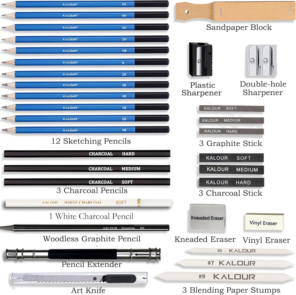 KALOUR 34 Sketching Pencil Set with Sketchbook - Zippered Travel Case - Sketch,Charcoal,Eraser - Art Drawing Supplies for Beginner, Kids,Adults