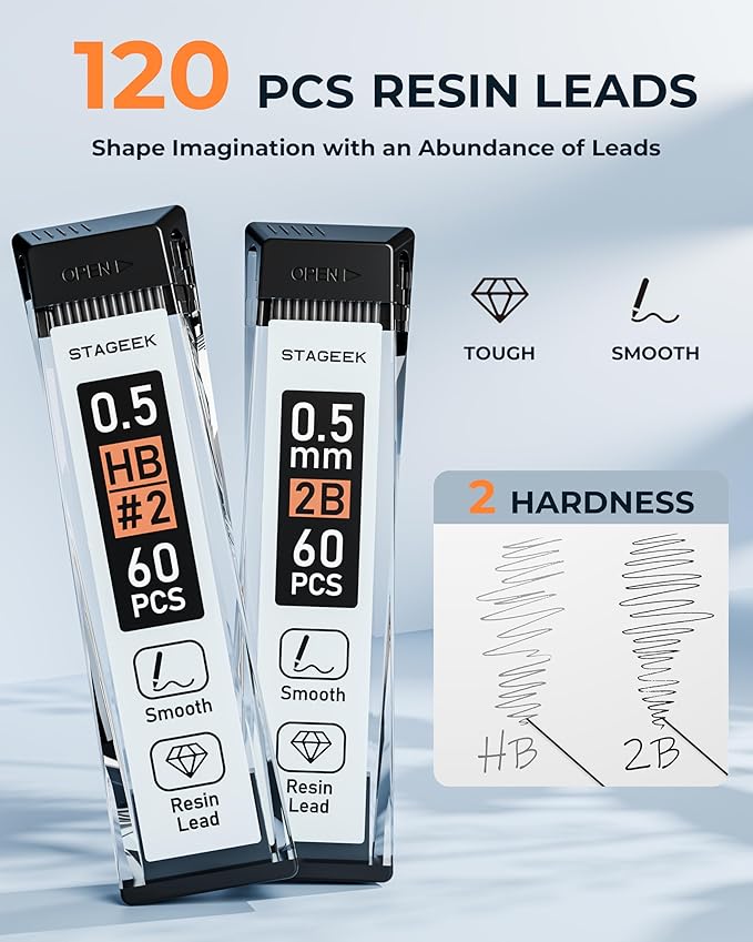 Mechanical Pencils 0.5 with Case, Metal Weatherproof Body Outdoor Artist Mechanical Pencil with 120 PCS HB & 2B Lead Refills, Eraser, for Writing Drafting Drawing and Sketching