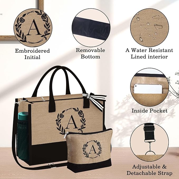 YOOLIFE Christmas Gifts for Women - Initial Tote Bag & Makeup Bag, Birthday Gifts for Women Mom Teacher Friend Christmas Gift