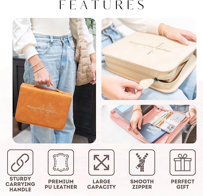 Bible Cover Case for Women - PU Leather Bible Covers for Women –Bible Case for Girls - Minimalist Design Debossed Bible Case, Large Bible Covers for Women – Bible Accessories (Beige/Gold)