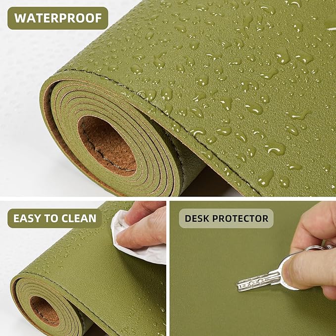 Leather Desk pad Protector, Large Desk mat with Natural Cork & PU Leather,Mouse pad,Non-Slip Office Desk Mat,Waterproof Desk Writing Pad for Office and Home (47in*17in, Olive Green)