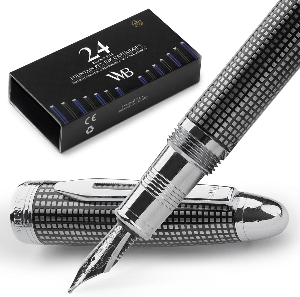 Wordsworth & Black Majesti Fountain Pen-(Black Checked), Luxury Case, Stainless Steel; Medium Nib- Ink Cartridges, Refillable Ink Converter-Calligraphy Pen-Best Business Gift Set for Men & Women