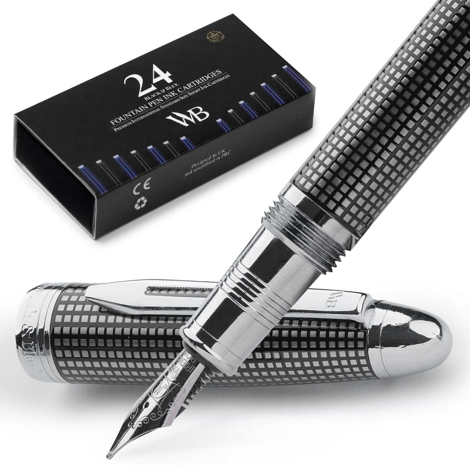 Wordsworth & Black Majesti Fountain Pen-(Black Checked), Luxury Case, Stainless Steel; Medium Nib- Ink Cartridges, Refillable Ink Converter-Calligraphy Pen-Best Business Gift Set for Men & Women