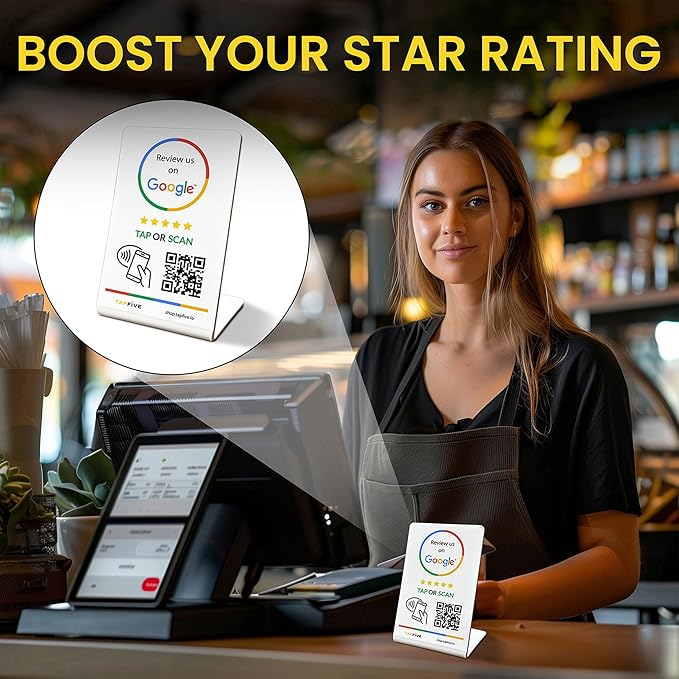 Tap Google Review Stands (5-Pack) by TapFive - Tap for Instant Reviews - All Phones Compatible - Reusable Smart Tap NFC & QR - Boost Business Reviews Zappy Fast - Powered by TapFive (White, 5 Stands)