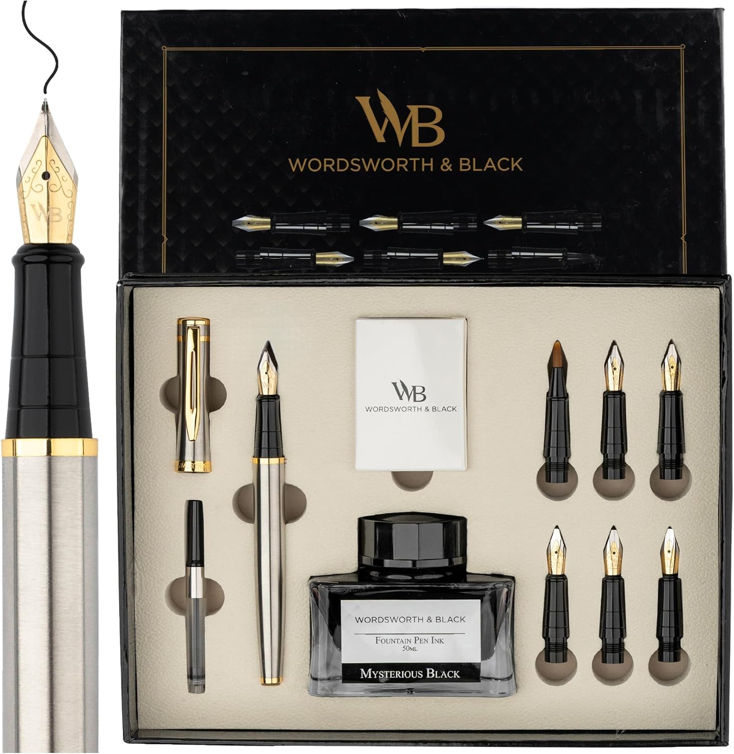 Wordsworth & Black Calligraphy Pen Gift Set, Includes Bottle, 6 Cartridges, Refill Converter, 6 Replacement Nibs, Premium Package, Journaling, Smooth Writing Pens [Silver Gold]