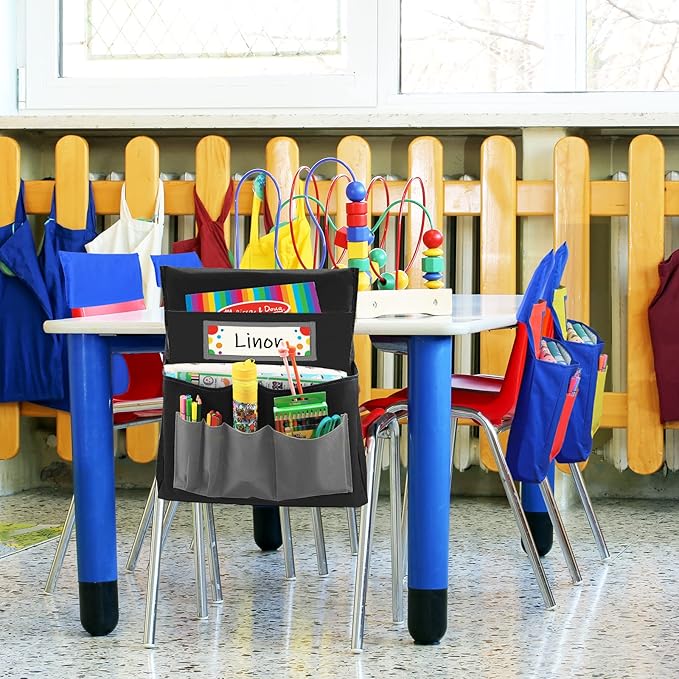 Black Chair Back Pocket School Seat Chair Storage Pocket Organizer with Label Slot Multiple Pockets for School Home Classroom Preschool Daycare