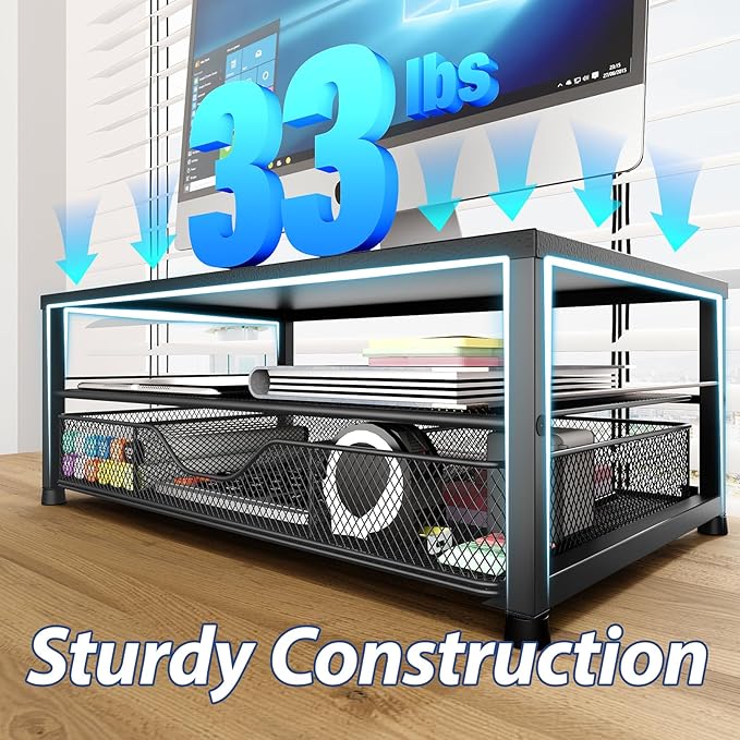 Desk Organizers and Accessories, 2-Tier Computer Monitor Stand for Desk Organizer with Drawer and 2 Pen Holders, Office Desk Accessories Workspace Desktop Organizers for Office Supplies, Black