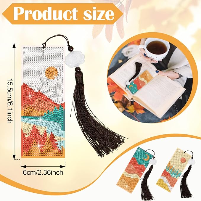 Anseal 3 Pcs 5D Diamond Bookmarks Painting for Book Lovers, PU Leather Fall Diamond Art DIY Bookmark for Women Girls, Tassel Beaded Book Mark for Graduation Birthday Reading Present
