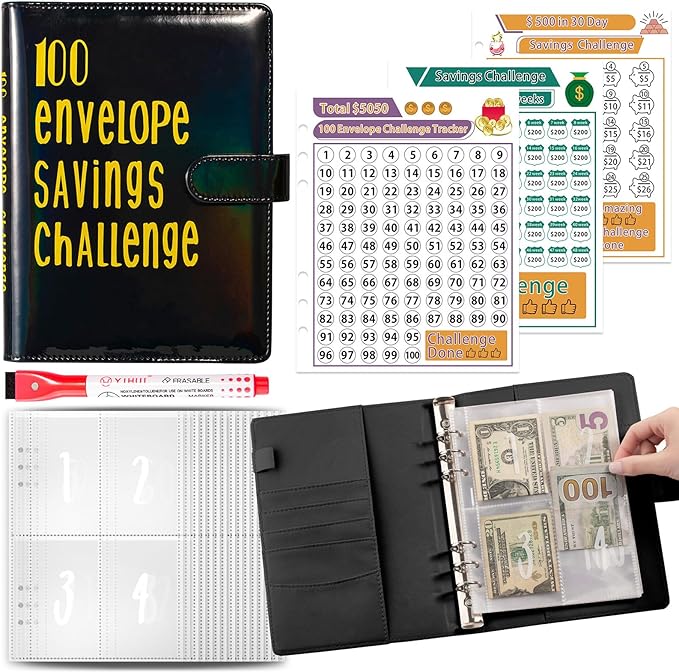 100 Envelopes Challenge Binder Savings Challenges Book, A5 Money Saving Planner Cash Envelope Budget Binder with Erasable Pen, Easy and Fun Way to Save $5,050, 10,000 and $500 (Black)