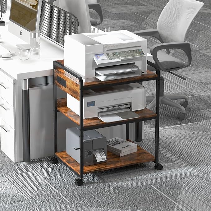 3 Tier Large Printer Stand with Wheels, 25.2 x 18.9 Inch Printer Stand with Power Outlet USB Port, Printer Table with Adjustable Storage Shelf for Home Office, Rustic Brown