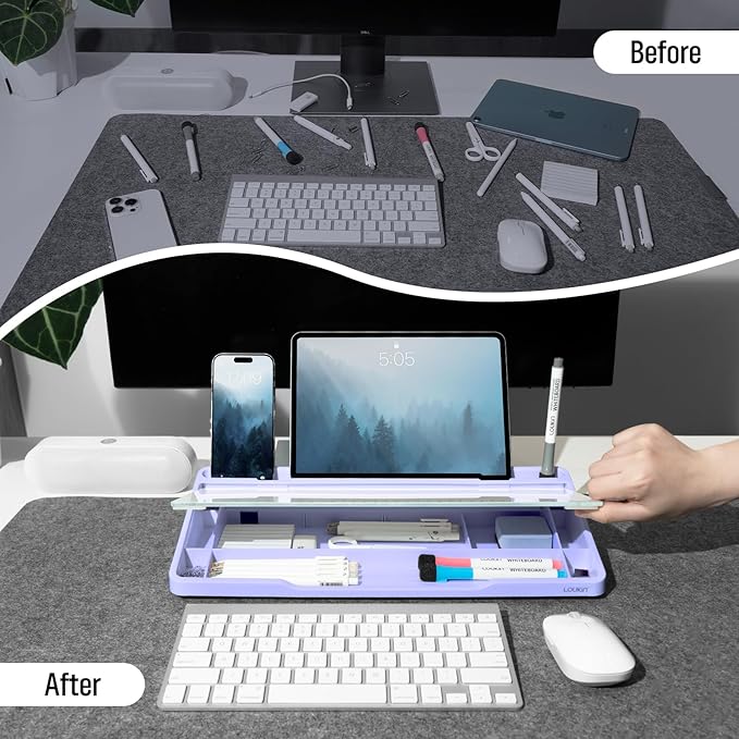 LOUKIN Glass Desktop Whiteboard, 15.3" x 5.6" Desktop Dry Erase Board with Dotted and Graduated Surface, Desktop Buddy, Great for Design and Drawing, 3 Markers and 1 Dry Erase Eraser Included (Purple)