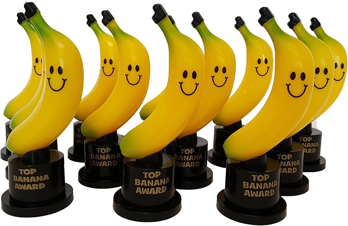 Plastic Gold Trophies, Thumbs Up Trophy, High Five Trophy, Youre #1 Trophy, Star Trophy, Banana Trophy (12 Pack) (Standard, Banana)