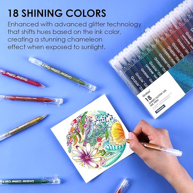 Grabie Jumbo Glitter Gel Ink Pen Set Of 18, Metallic Vibrant Sparkle Gel Pens for Coloring, Sparkle Glitter Markers, Glitter Pens for Adults (18 Colors Jumbo Glitter Gel Pens)