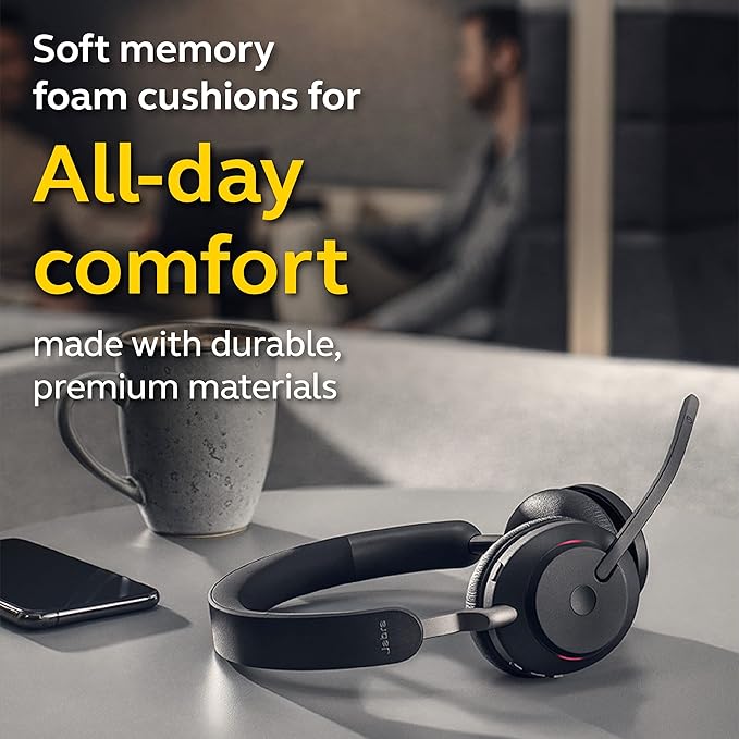 Jabra Evolve2 65 UC Wireless Headphones with Link380c, Stereo, Black – Wireless Bluetooth Headset for Calls and Music, 37 Hours of Battery Life, Passive Noise Cancelling Headphones