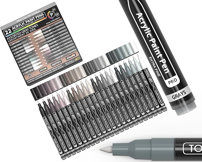 Acrylic Paint Pens 22 Gray Tones Assorted Pro Color Series Markers Set 0.7mm Extra Fine Tip for Rock Painting, Glass, Mugs, Wood, Metal, Canvas, Projects, Non Toxic, Waterbased, Quick Drying