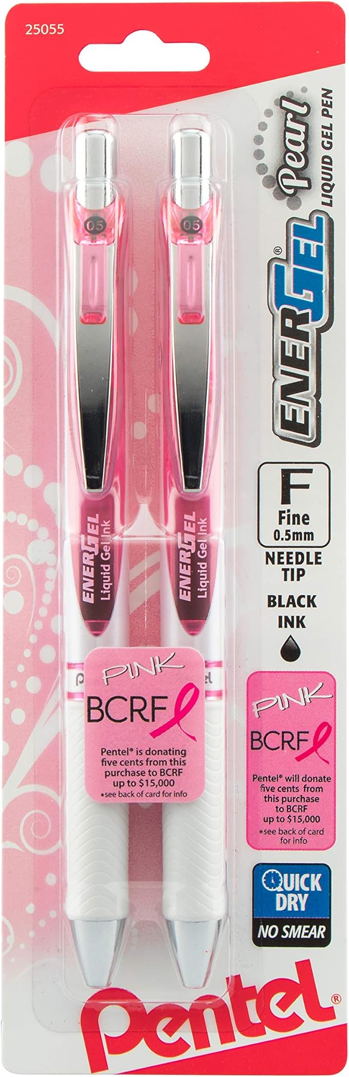 Pentel Pink BCA EnerGel Pearl Deluxe RTX Liquid Gel Pen, (0.5mm), Fine Line, Needle Tip (BLN75WBP2PA)