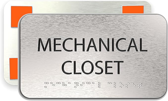 Mechanical Closet Sign for Business - Office Signs, Aluminum Brushed Silver, Tamper-Proof, Heavy Duty Mounting Tape, Easy Install, Office Décor, ADA Compliant, Grade 2 Braille (7” W x 4” H) ADASigns.org