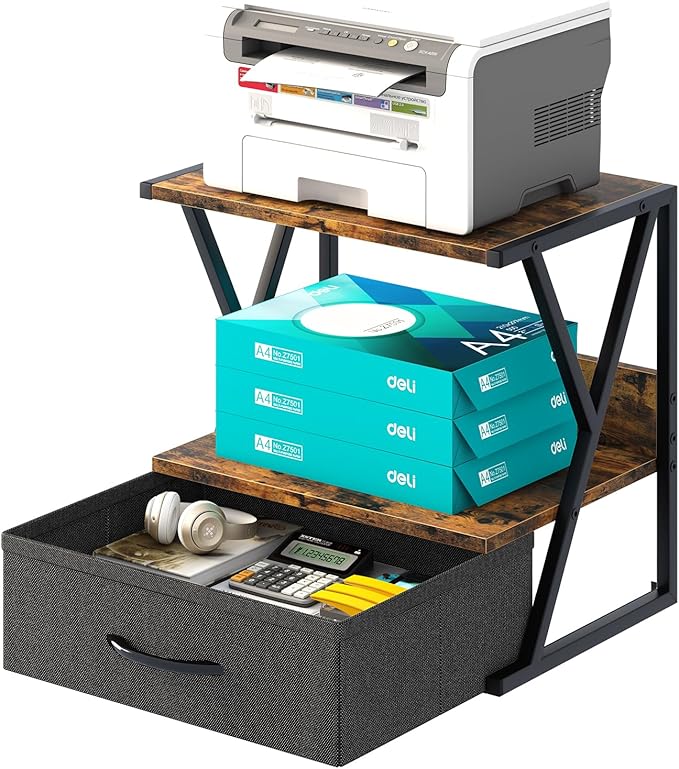 aboxoo Printer Stand For Desk With Storage Drawer, 2 Tier Desktop Or Under Desk Shelf, Multi-Purpose Desk Organizer For Home Office, fit Fax Machine/3D Printer/Scanner, Rustic Brown