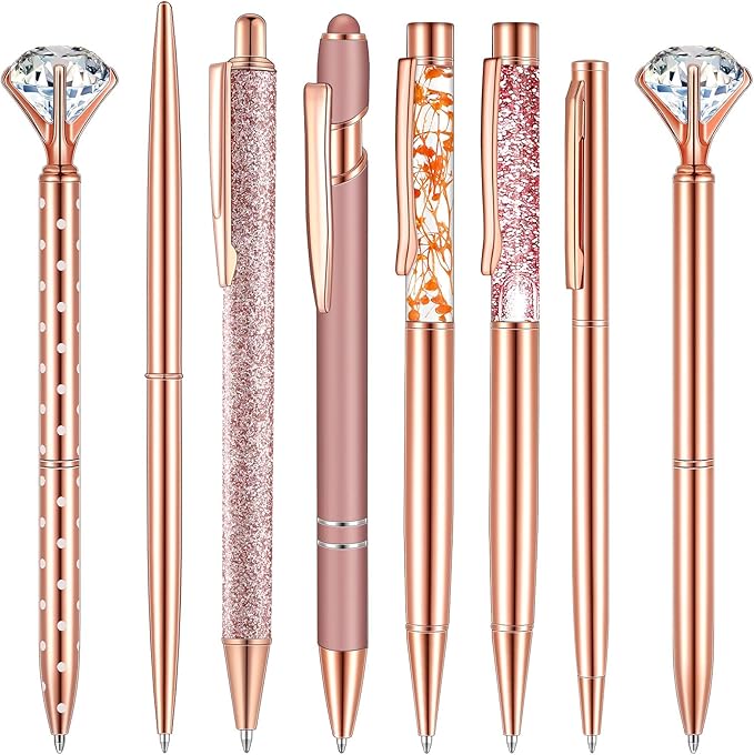 Supervitae 8 Pcs Ballpoint Pen for Women Fancy Gifts for Journaling Liquid Sand Glitter Black Ink Pens Bridal Shower Gifts for Wedding Women Office Desk School Stationery Supplies(Rose Gold)