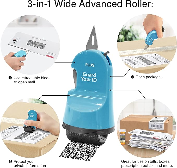 Guard Your ID 3 in 1 Wide Advanced Roller with Retractable Box & Envelope Opener and Identity Theft Prevention Security Stamp Turquoise