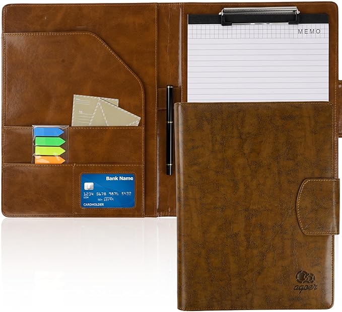 A4 Leather Portfolio Professional Organizer Padfolio,Stylish Document Folio Organizer with Magnetic,Resume Portfolios with Papers,Sticky Tabs,Pen for Interview Conference Presentation,Retro Brown