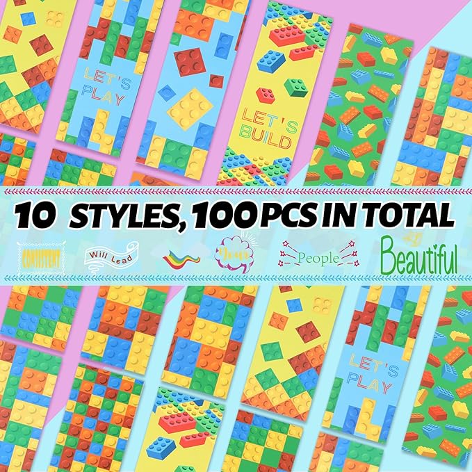 LiYiQ 100 Pcs Funny Building Block Bookmarks 6×2-inch Double-Sided Bookmarks for Kids Students Teachers Book Lovers Cute Bookmarks for Reading Bookmarks for Students School Supplies