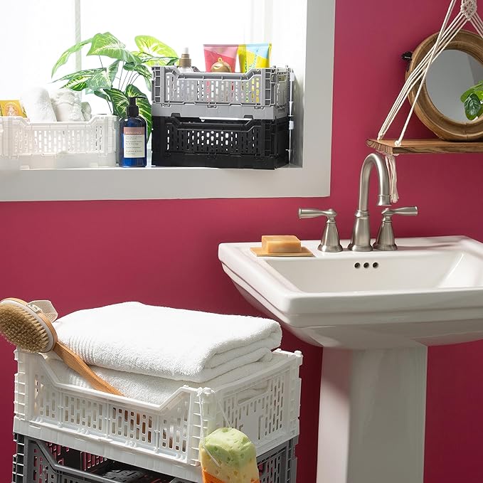 Simplify 4LT Collapsible Storage Crate | Small | Foldable | Stackable | Plastic Bin | Home Organization | Dorm | Office | Crafts | Shelf | Grey