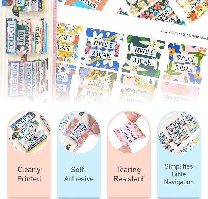 Bible Tabs for Study Bible, New & Old Testament Tabs Matte Laminated Bible Book Tabs Bible Journaling Supplies for Women(Large Print, Easy to Read) (Spanish-1)