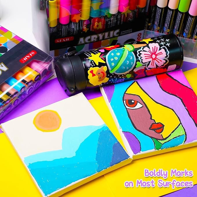 SFAIH Acrylic Creative Markers Set of 48 with Organizer, 3mm Medium Tips - 48 Colors, Waterproof, Fast Drying, Gift for Kids and Adults - Art Supplies, Fabric Paint, Rock Painting, Art Markers