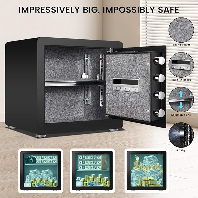 Kavey 1.6 Cub Safe Box, Home Safe with Backlit Touch Screen Keypad and Dual Alarm System, Money Safe With Mute Function and LED Light, Safe for Money Documents Valuables