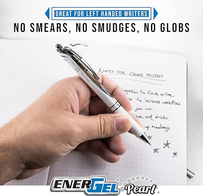 Pentel EnerGel Pearl RTX Retractable Liquid Gel Pen, (0.7mm), Medium Line, Needle Tip, Assorted Ink Colors, Pack of 4 (BLN77WBP4M)