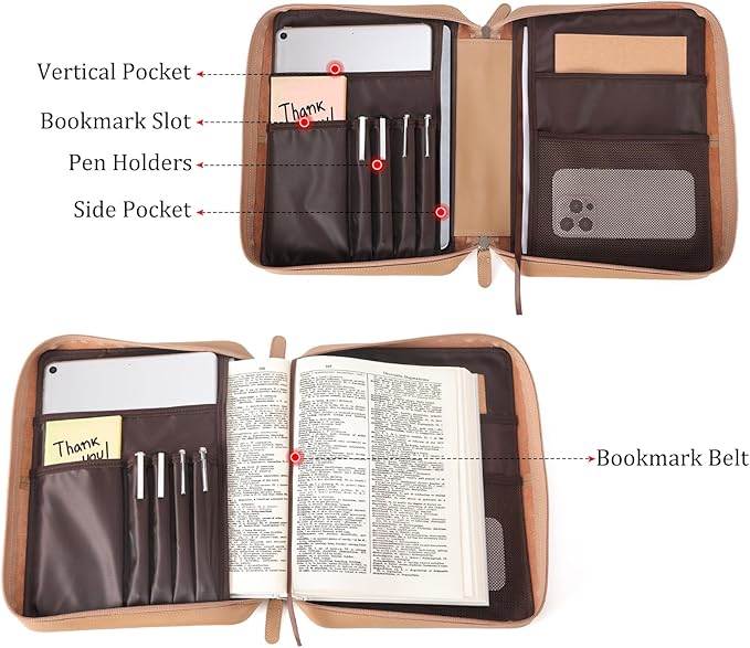 Polare Full Grain Leather Bible Cover Church Bag Bible Protective Book Holder Carrying Case Folder Organizer Portfolio for Men and Women (Almond Brown)