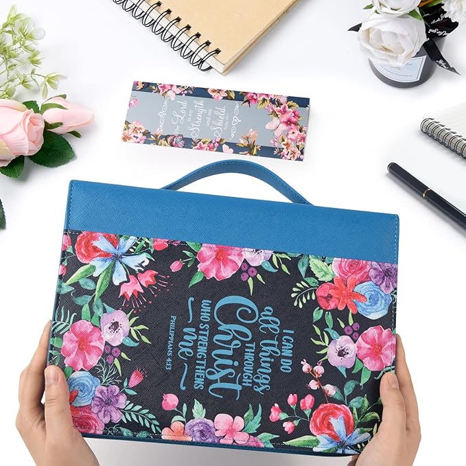 Bible Covers Case for Women Large Leather Bible Carrying Cases Holder Pink 10.8"x7.8"x2" Floral Bible Carrier Tote Bags with Bookmarks Handles Pockets Christian Bible Book Accessories Gifts