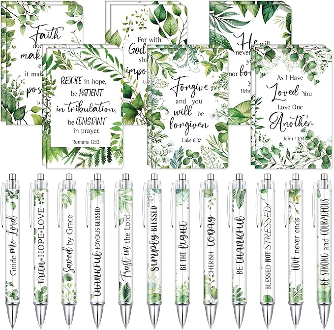 Colarr 24 Pcs Christian Bulk Gifts for Women Men Bible Verse Pens and Notebooks Religious Easter Gifts Scripture Ballpoint Pens Journals Sunday School Church Inspirational Study Supplies(Greenery)