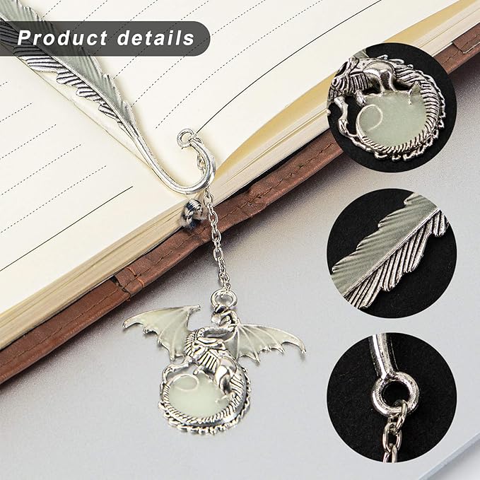 2 Pack Vintage Feather Metal Bookmark, Unique Glow in The Dark Bookmark Gift for Men Women(Dragon & Owl Antique Silver)