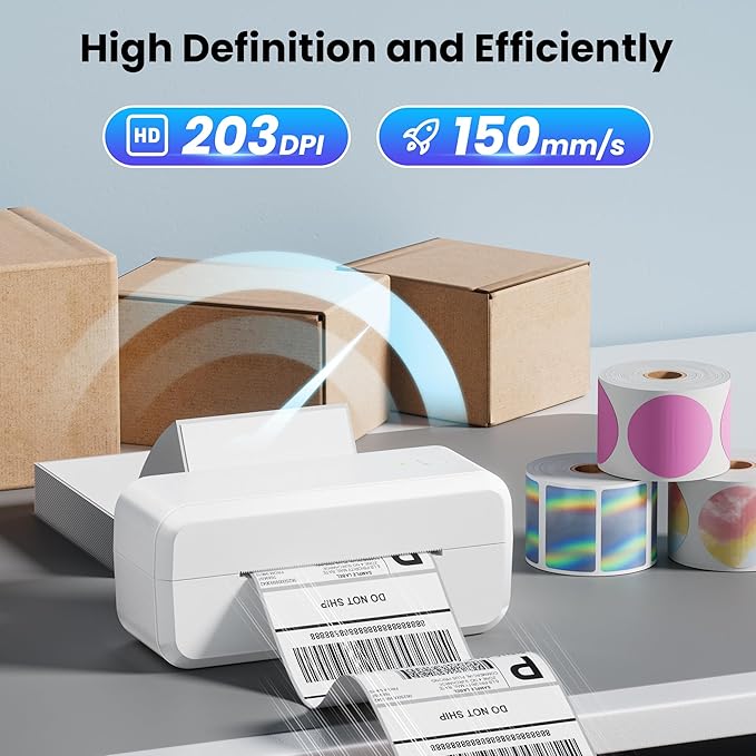 Bluetooth Thermal Label Printer, Shipping Label Printer for 4x6 Shipping Packages & Small Business, Compatible with IOS, Android, Windows and Mac, Widely Used for Ebay, Amazon, Shopify, USPS (White)