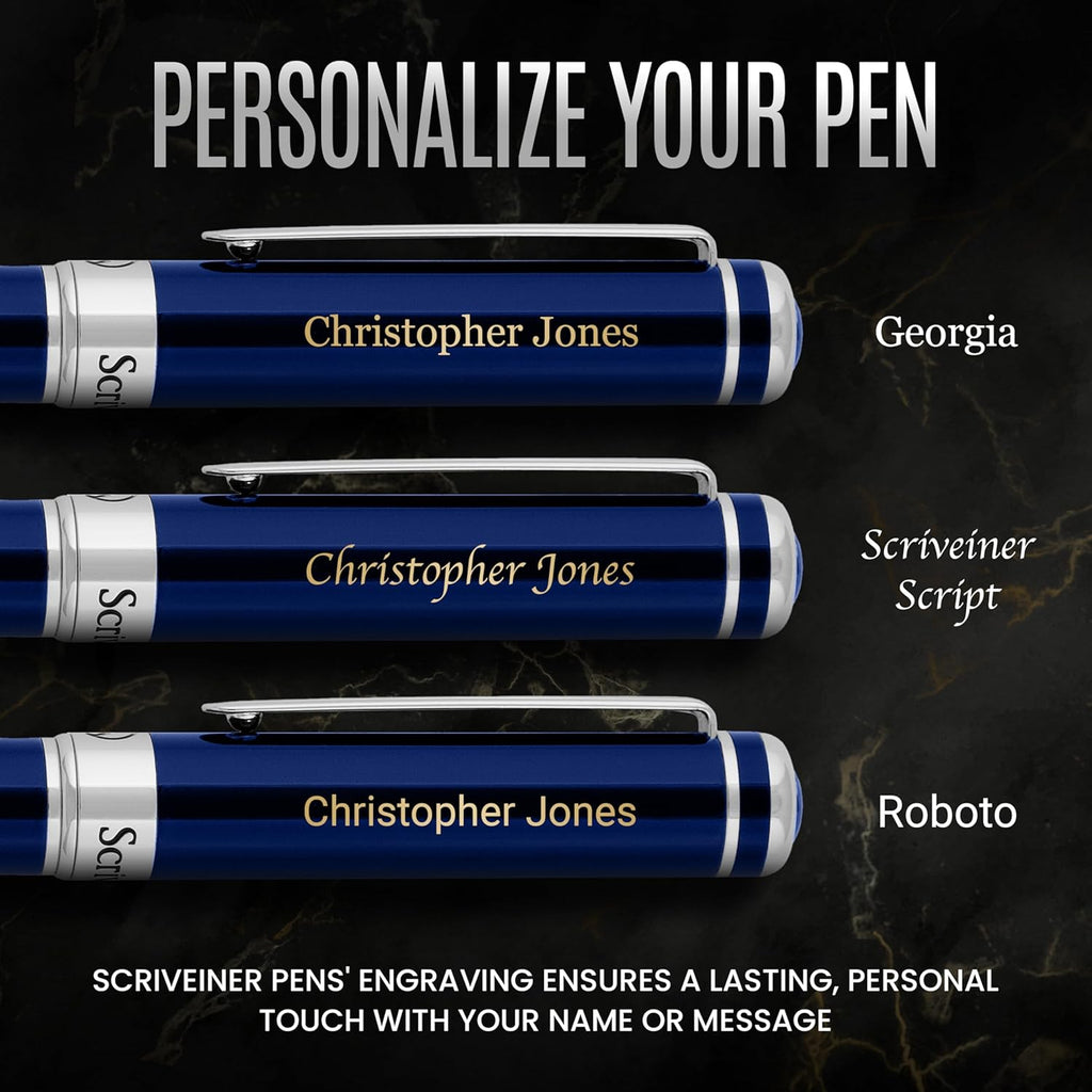 Scriveiner Personalized Midnight Blue Pen - Stunning Blue Lacquer Luxury Pen, Chrome Finish, Schmidt Ink Refill, Best Engraved Roller Ball Gift Set for Men & Women, Custom Name Engraving