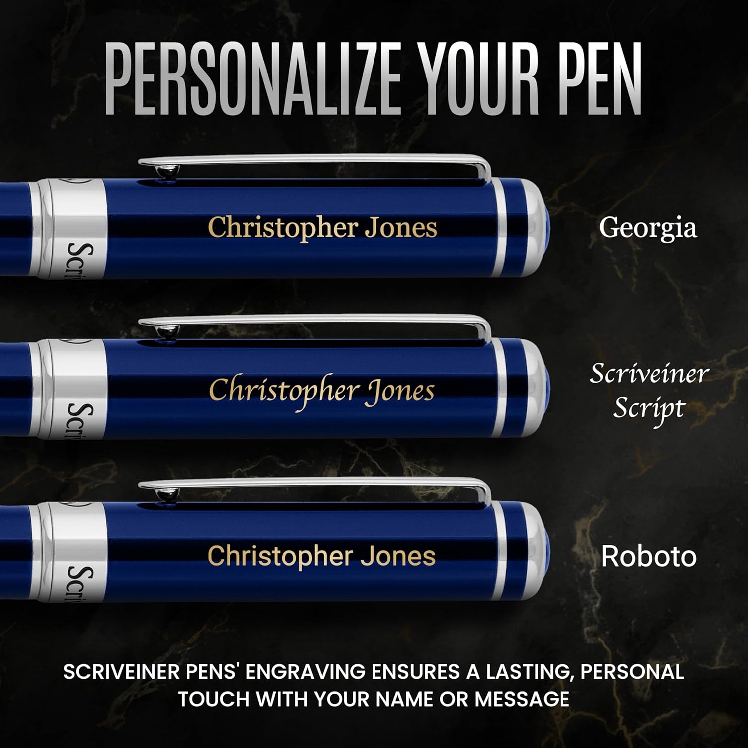 Scriveiner Personalized Midnight Blue Pen - Stunning Blue Lacquer Luxury Pen, Chrome Finish, Schmidt Ink Refill, Best Engraved Roller Ball Gift Set for Men & Women, Custom Name Engraving