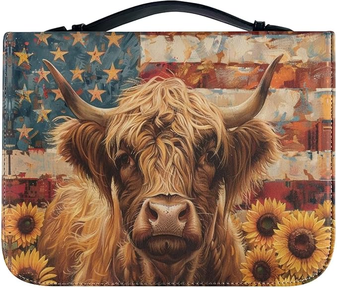 Lotusorchid American Flag Highland Sunflower Bible Covers for Women Waterproof Bible Bag Leather Men Bible Carrying Case Church Bag Bible Protective with Handle and Zippered Pocket